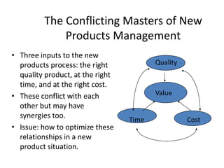 The Conflicting Masters of New
Products Management
• Three inputs to the new
products process: the right
quality product, at the right
time, and at the right cost.
• These conflict with each
other but may have
synergies too.
• Issue: how to optimize these
relationships in a new
product situation.

Quality

Value

Time

Cost

 