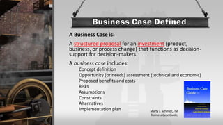 A Business Case is:
A structured proposal for an investment (product,
business, or process change) that functions as decision-
support for decision-makers.
A business case includes:
Concept definition
Opportunity (or needs) assessment (technical and economic)
Proposed benefits and costs
Risks
Assumptions
Constraints
Alternatives
Implementation plan Marty J. Schmidt,The
Business Case Guide,
 
