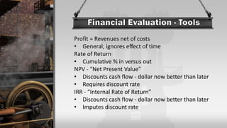 Profit = Revenues net of costs
• General; ignores effect of time
Rate of Return
• Cumulative % in versus out
NPV - “Net Present Value”
• Discounts cash flow - dollar now better than later
• Requires discount rate
IRR - “Internal Rate of Return”
• Discounts cash flow - dollar now better than later
• Imputes discount rate
 