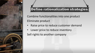 Combine functionalities into one product
Eliminate product
• Raise price to reduce customer demand
• Lower price to reduce inventory
Sell rights to another company
 