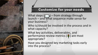 What steps ( ) – from strategy through
launch – and what sequence make sense for
your business?
Who is/should be involved in the process and in
what capacity?
What key activities, deliverables, and
performance review metrics ( ) are most
appropriate?
Have you designed key marketing tasks early
into the process?
 