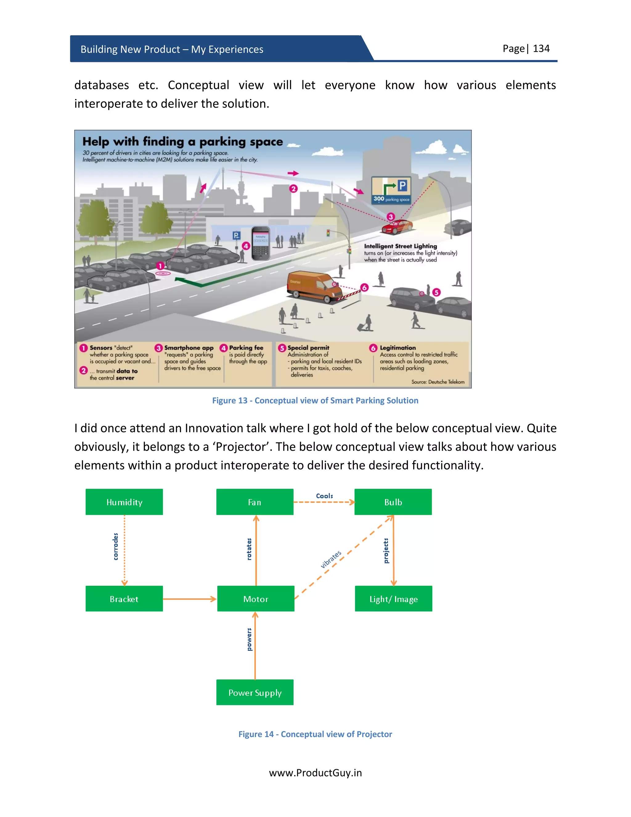 Page| 134
www.ProductGuy.in
Building New Product – My Experiences
Product vs Solution
Is there a difference? There is no definitive yes or no. Customers are interested in
addressing their problems or needs, or accomplishing a specific activity. To do so,
customers use tools. The tools can be either a product or combination of products. When
it is a combination of products, I call it as a solution. Let us pick a classic (or clichéd)
example of a need or an activity – customers want a hole. A single product called a drilling
machine addresses the solution. Let me pick another activity called smart parking. To help
customers park a car effortlessly requires identifying a free space close to customer’s
location, directing the customer to the reserved parking space, allowing him to pay for
parking through easier and flexible options require a plethora of products to integrate for
working together to accomplish an activity. An activity can be termed as one or more
tasks accomplished to achieve the desired purpose e.g. parking a car. While specific tasks
are identifying a free space (Sensors), reserving a free space for a specific driver (Marking
in database), directing the driver to the reserved parking space (Navigation), allowing
driver to pay for parking (Payment solutions) etc.
The earlier two examples had a definitive purpose (1) Customer want a hole (2) Customer
want to park the car. Solution is synonymous to an activity and it helps customer in
accomplishing a specific purpose. So is product not a solution? Not always. As we had
noticed in the example of customer requiring a hole, the drilling machine can achieve the
purpose and hence the drilling machine can be termed as a solution from the context of
an activity called making a hole. Product Manager should consciously identify whether
the new product can accomplish an entire activity or specific tasks of an activity.
The focus on solution is more important only when the new product could accomplish
specific tasks of an activity. In such scenario, Product Manager should explicitly identify
the opportunities for integrating the new product with other products to deliver an entire
solution. Whether to integrate with internal products or external product depends on the
Organization strategy, whether to integrate through proprietary interfaces or define
standards also depend on the Organization strategy. Product decisions should never be
random and independent. There should be rationality, objective and purpose behind
every decision. Further, every product decision has to push Organization closer to its
bigger goals and objectives. The integration of the new product with other products is
more so important when the new product independently could not deliver any concrete
value to customers. Especially when target customers expect all the pieces to a solution
 
