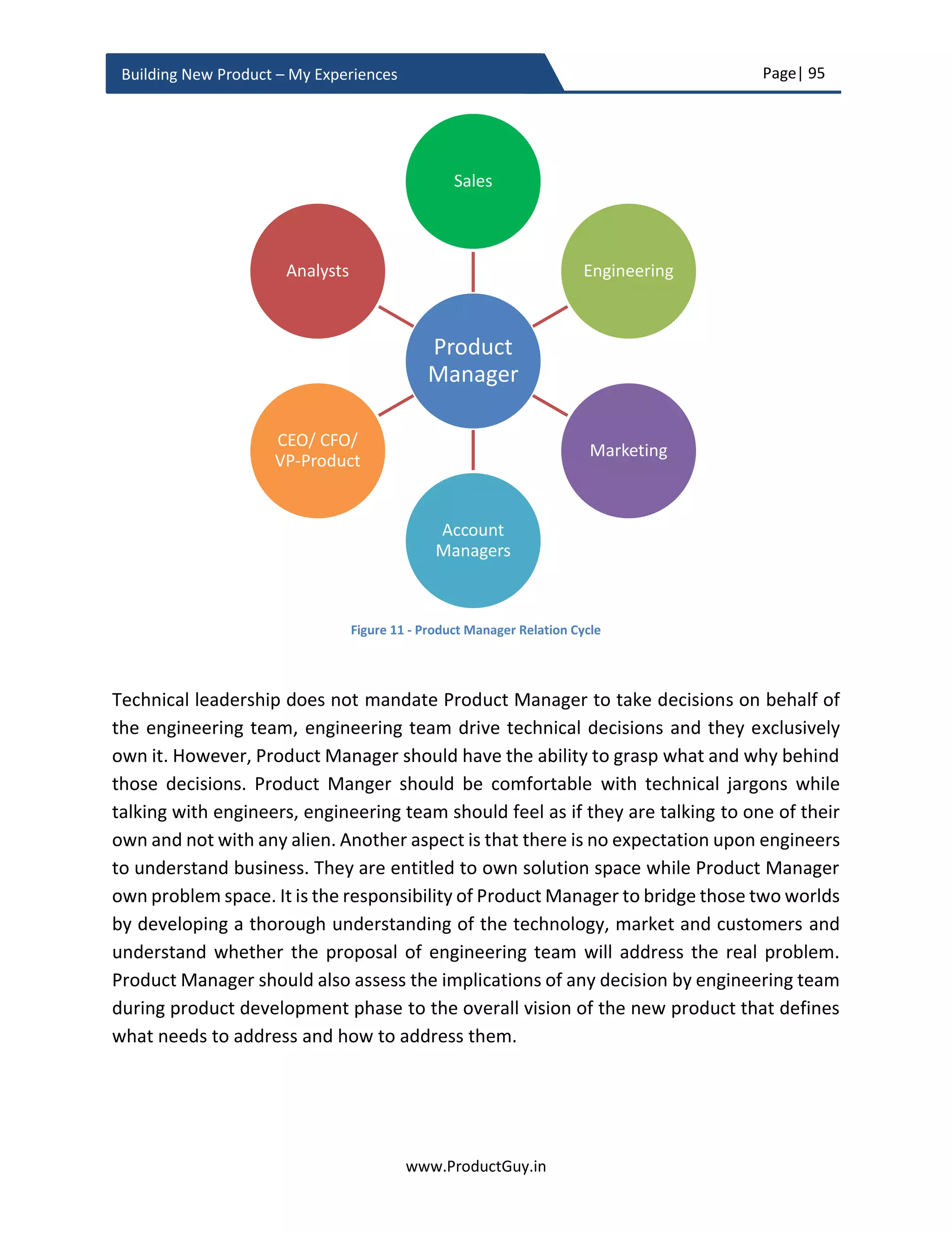 Page| 95
www.ProductGuy.in
Building New Product – My Experiences
End of the day, it is a choice that Product Manager has. Product Manager can either shape
the future or let the future take its own form and (s)he strive to be part of it. Our ability
to think bold determines our choices. Think bold to envisage the new product that shapes
the future.
Elaborate ‘Defining attributes’ of the new product
Product Manager has to elaborate in PRD about the defining attributes mentioned during
the business review. PRD will focus on two primary aspects
 What are the key value propositions valued most by customers?
 What are targeted vectors of differentiation?
The defining attributes of the new product should act as a guiding principle for the
engineering team and other stakeholders involved in the product development for any
decision making or trade-offs. While developing features, defining attributes (such as
simplicity, ease of use, reliability or higher performance) would determine how
engineering team should develop every feature. Defining attributes would also determine
the choice of components procured from vendors, so it is vital that every stakeholder
involved in new product development shares a common understanding of the defining
attributes.
Drafting requirements and framing MVP list
Next level is to go deeper into specific capabilities of the new product. Focus on the
following, while drafting requirements in PRD.
 ‘WHAT’ product requirements are required, ‘WHY’ they are required?
 Has every product requirement outlined in PRD is actionable?
 Has Product Manager elaborated every product requirement in detail?
 Has Product Manager tagged priorities for every product requirement?
The defining attributes of the new product should
act as a guiding principle for engineering team
and other stake holders involved in the product
development for any decision making or trade-
offs
 