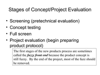 Stages of Concept/Project Evaluation

•   Screening (pretechnical evaluation)
•   Concept testing
•   Full screen
•   Project evaluation (begin preparing
    product protocol)
      The first stages of the new products process are sometimes
      called the fuzzy front end because the product concept is
      still fuzzy. By the end of the project, most of the fuzz should
      be removed.
 