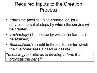Required Inputs to the Creation
                Process
• Form (the physical thing created, or, for a
  service, the set of steps by which the service will
  be created)
• Technology (the source by which the form is to
  be attained)
• Benefit/Need (benefit to the customer for which
  the customer sees a need or desire)
Technology permits us to develop a form that
  provides the benefit.
 