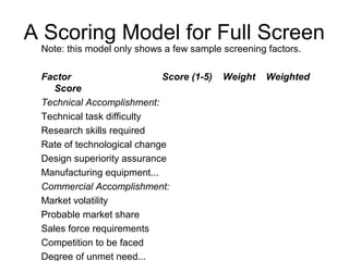 A Scoring Model for Full Screen
 Note: this model only shows a few sample screening factors.

 Factor                     Score (1-5)   Weight    Weighted
    Score
 Technical Accomplishment:
 Technical task difficulty
 Research skills required
 Rate of technological change
 Design superiority assurance
 Manufacturing equipment...
 Commercial Accomplishment:
 Market volatility
 Probable market share
 Sales force requirements
 Competition to be faced
 Degree of unmet need...
 