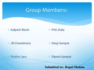 Group Members:-
 Kalpesh Barot
 Jill Chandarana
 Pruthvi Jaru
 Priti Jhala
 Deep Sampat
 Dipesh Sampat
Submitted to:- Rupal Madam
 