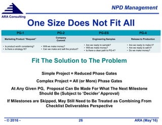 NPD Management
ARA (May’16)- © 2016 - 26
ARA Consulting
One Size Does Not Fit All
Fit The Solution to The Problem
Simple Project = Reduced Phase Gates
Complex Project = All (or More) Phase Gates
At Any Given PG, Proposal Can Be Made For What The Next Milestone
Should Be (Subject to ‘Decider’ Approval)
If Milestones are Skipped, May Still Need to Be Treated as Combining From
Checklist Deliverables Perspective
PG-1 PG-2 PG-ES PG-4
Marketing Product “Request”
Company
Commit
Engineering Samples Release to Production
• Is product worth considering?
• Is there a strategy fit?
• Will we make money?
• Can we make and sell the product?
• Are we ready to sample?
• Will we make money?
• Is there a clear path to PG-4?
• Are we ready to make it?
• Are we ready to sell it?
• Do we make money?
 