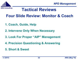 NPD Management
ARA (May’16)- © 2016 - 32
ARA Consulting
Tactical Reviews
Four Slide Review: Monitor & Coach
1. Coach, Guide, Help
2. Intervene Only When Necessary
3. Look For Proper “AIP” Management
4. Precision Questioning & Answering
5. Short & Sweet
 