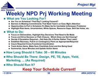 Project Mgt
ARA (4/25/14)- © 2014 - 38
ARA TRAINING
Weekly NPD Prj Working Meeting
 What are You Looking For?
 Are You on Schedule? That Day? Looking Forward?
 Barriers to Meeting Commitments That Need Team’s or Exec Mgt’s Attention
 Opportunities to Pull in Schedule (To Make Up for Inevitable Unforeseen Problems)
 Highlight Risk Items, Uncertainties, White Spaces, Resource Gaps, Skill Set Holes, etc.
 What to Do:
 Focus on Deliverables, Highlight Key Decisions That Need to Be Made
 Focus and Drive Decision or Path Closure; Which Ones are Not Closing?
 Decide if Escalation Required – Get Help (Do it Earlier Rather Than Later)
 Establish Recovery, Pull-In or Contingency Plans as Appropriate/Required
 Insure Required Cross-Functional Coordination
 Track Action Items, Make Sure Checklists Exist and Are Being Used
 Summarize, Issue Minutes and Update Action Items
 How Long Should it Take: 30 – 60 Minutes
 Who Should Be There: Design, PE, TE; Apps, Yield,
Marketing, ... (As Required)
 Who Should Run It?
Keep Your Schedule Current!
 