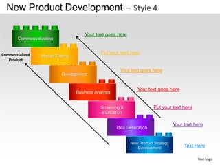 New Product Development – Style 4

                                        Your text goes here
        Commercialization


Commercialized                                  Put your text here
                   Market Testing
   Product

                                                         Your text goes here
                             Development


                                                                  Your text goes here
                                    Business Analysis


                                                Screening &               Put your text here
                                                 Evaluation

                                                                                     Your text here
                                                        Idea Generation


                                                              New Product Strategy
                                                                 Development              Text Here

                                                                                                Your Logo
 