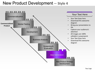 New Product Development – Style 4

                                                                                Your Text Here
        Commercialization
                                                                           •   Your Text Goes here
                                                                           •   Download this awesome
Commercialized                                                                 diagram
                   Market Testing                                          •   Bring your presentation to
   Product
                                                                               life
                                                                           •   Capture your audience’s
                             Development                                       attention
                                                                           •   All images are 100%
                                                                               editable in powerpoint
                                                                           •   Your Text Goes here
                                    Business Analysis                      •   Download this awesome
                                                                               diagram
                                                Screening &
                                                 Evaluation


                                                        Idea Generation


                                                              New Product Strategy
                                                                 Development

                                                                                                  Your Logo
 
