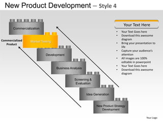 New Product Development – Style 4

                                                                                Your Text Here
        Commercialization
                                                                           •   Your Text Goes here
                                                                           •   Download this awesome
Commercialized                                                                 diagram
                   Market Testing                                          •   Bring your presentation to
   Product
                                                                               life
                                                                           •   Capture your audience’s
                             Development                                       attention
                                                                           •   All images are 100%
                                                                               editable in powerpoint
                                                                           •   Your Text Goes here
                                    Business Analysis                      •   Download this awesome
                                                                               diagram
                                                Screening &
                                                 Evaluation


                                                        Idea Generation


                                                              New Product Strategy
                                                                 Development

                                                                                                  Your Logo
 
