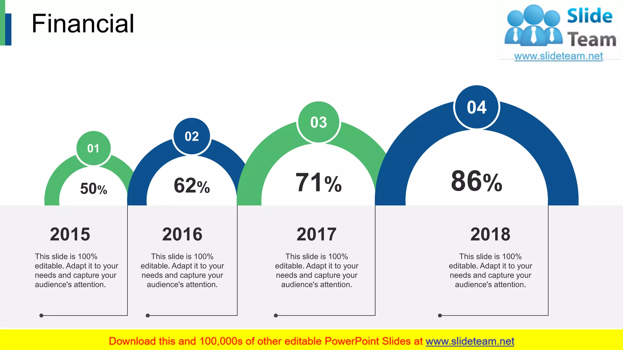 Financial
50%
01
62%
02
71%
03
86%
04
2018
This slide is 100%
editable. Adapt it to your
needs and capture your
audience's attention.
2017
This slide is 100%
editable. Adapt it to your
needs and capture your
audience's attention.
2016
This slide is 100%
editable. Adapt it to your
needs and capture your
audience's attention.
2015
This slide is 100%
editable. Adapt it to your
needs and capture your
audience's attention.
15
 