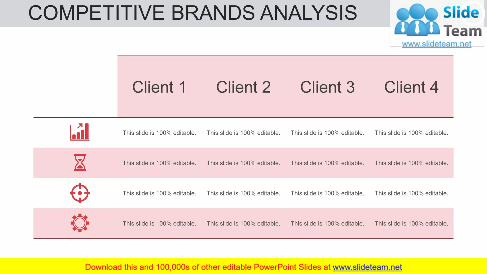 COMPETITIVE BRANDS ANALYSIS 33
Client 1 Client 2 Client 3 Client 4
This slide is 100% editable. This slide is 100% editable. This slide is 100% editable. This slide is 100% editable.
This slide is 100% editable. This slide is 100% editable. This slide is 100% editable. This slide is 100% editable.
This slide is 100% editable. This slide is 100% editable. This slide is 100% editable. This slide is 100% editable.
This slide is 100% editable. This slide is 100% editable. This slide is 100% editable. This slide is 100% editable.
 
