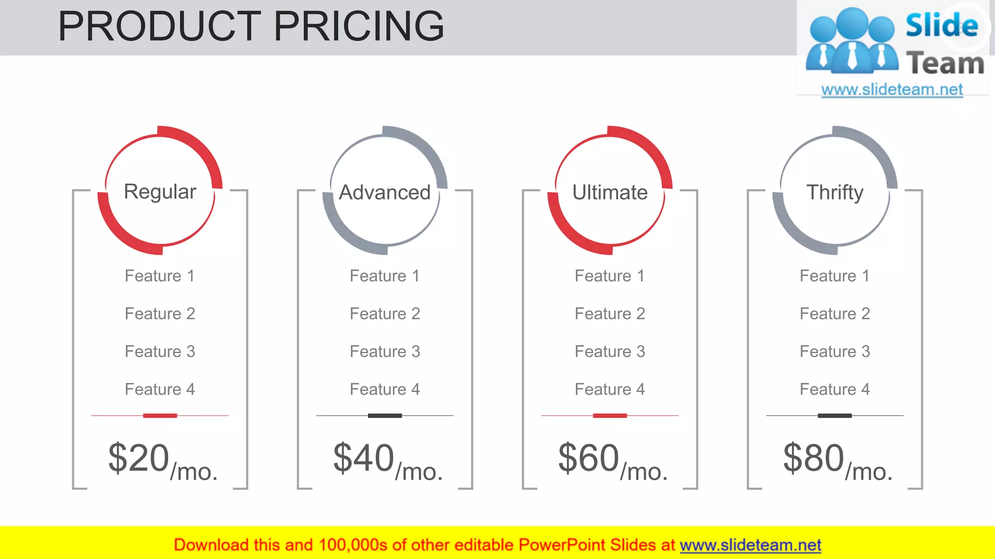 PRODUCT PRICING 38
Regular
Feature 1
Feature 2
Feature 3
Feature 4
$20/mo.
Ultimate
Feature 1
Feature 2
Feature 3
Feature 4
$60/mo.
Advanced
Feature 1
Feature 2
Feature 3
Feature 4
$40/mo.
Thrifty
Feature 1
Feature 2
Feature 3
Feature 4
$80/mo.
 