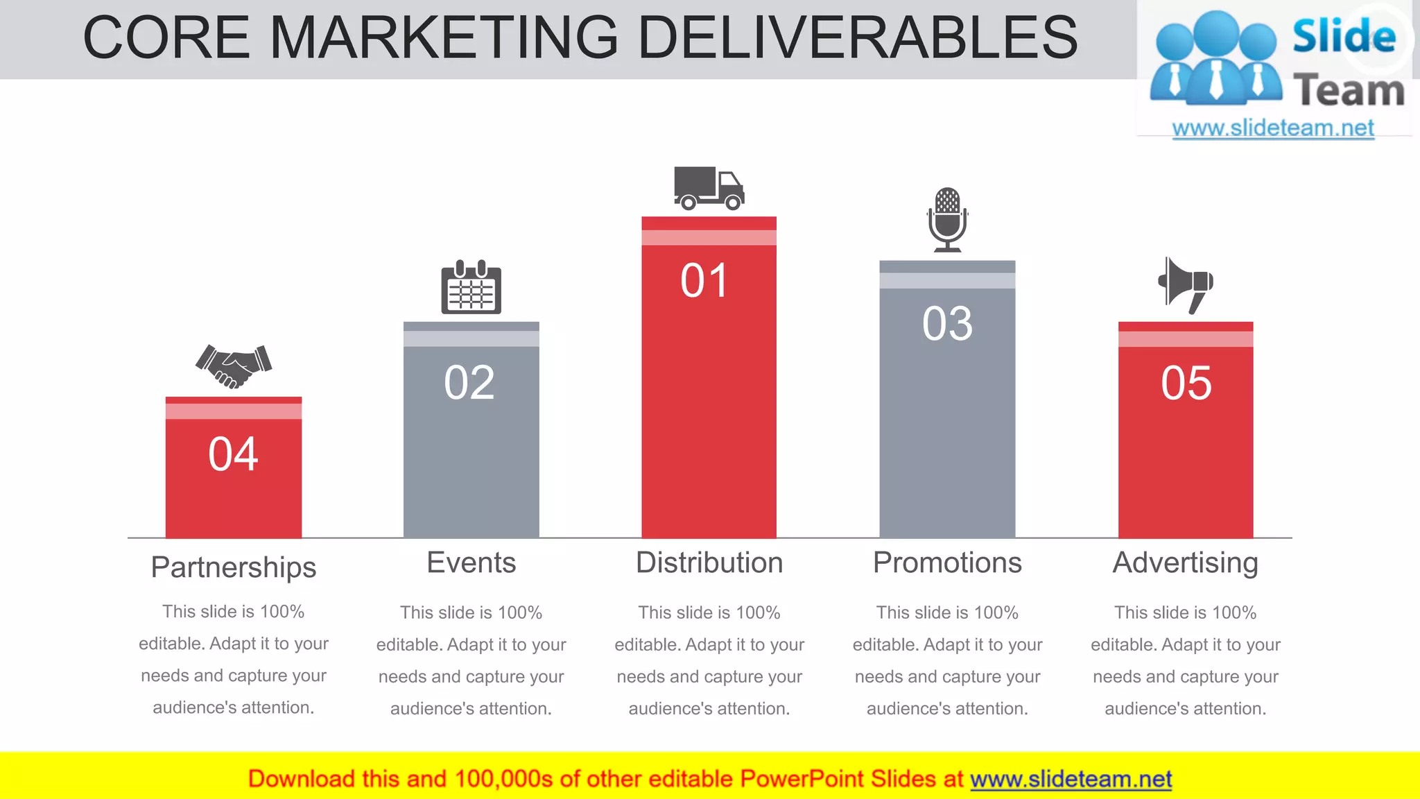CORE MARKETING DELIVERABLES 49
This slide is 100%
editable. Adapt it to your
needs and capture your
audience's attention.
This slide is 100%
editable. Adapt it to your
needs and capture your
audience's attention.
This slide is 100%
editable. Adapt it to your
needs and capture your
audience's attention.
This slide is 100%
editable. Adapt it to your
needs and capture your
audience's attention.
This slide is 100%
editable. Adapt it to your
needs and capture your
audience's attention.
Partnerships
04
Distribution
01
Promotions
03
Advertising
05
Events
02
 