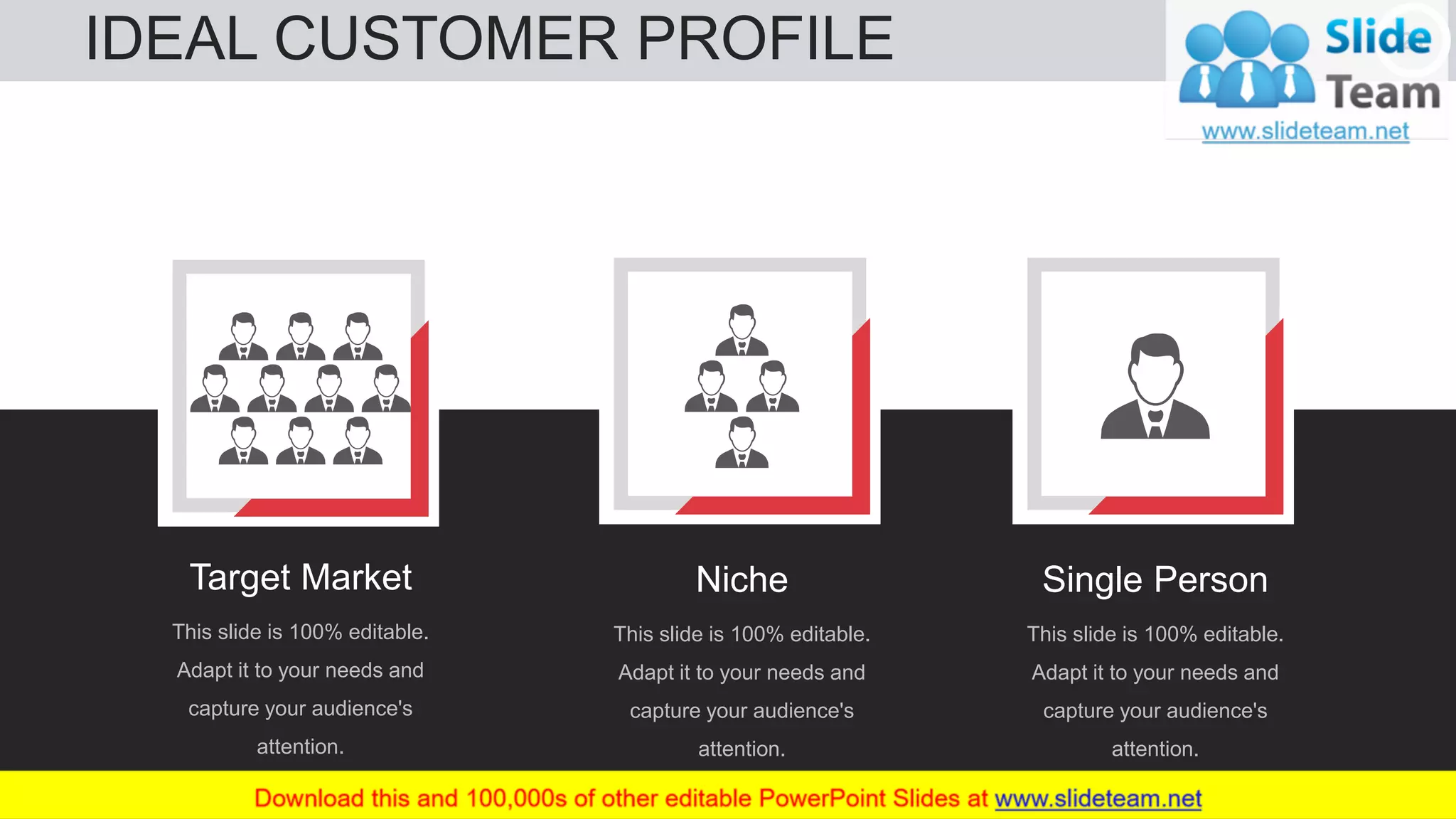 IDEAL CUSTOMER PROFILE 21
Target Market
This slide is 100% editable.
Adapt it to your needs and
capture your audience's
attention.
Niche
This slide is 100% editable.
Adapt it to your needs and
capture your audience's
attention.
Single Person
This slide is 100% editable.
Adapt it to your needs and
capture your audience's
attention.
 