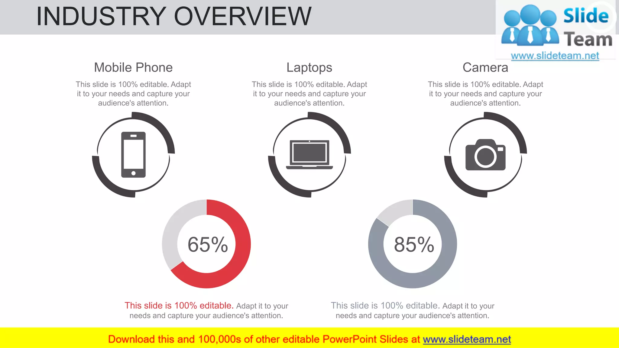 INDUSTRY OVERVIEW 9
65%
This slide is 100% editable. Adapt it to your
needs and capture your audience's attention.
85%
This slide is 100% editable. Adapt it to your
needs and capture your audience's attention.
Mobile Phone
This slide is 100% editable. Adapt
it to your needs and capture your
audience's attention.
Camera
This slide is 100% editable. Adapt
it to your needs and capture your
audience's attention.
Laptops
This slide is 100% editable. Adapt
it to your needs and capture your
audience's attention.
 