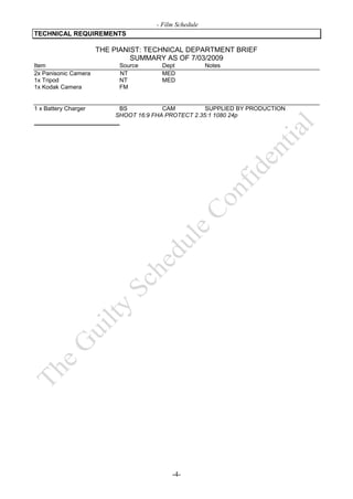- Film Schedule
TECHNICAL REQUIREMENTS

                      THE PIANIST: TECHNICAL DEPARTMENT BRIEF
                               SUMMARY AS OF 7/03/2009
Item                       Source      Dept            Notes
2x Panisonic Camera        NT          MED
1x Tripod                  NT          MED
1x Kodak Camera            FM


1 x Battery Charger        BS           CAM          SUPPLIED BY PRODUCTION
                          SHOOT 16:9 FHA PROTECT 2.35:1 1080 24p




                                          -4-
 