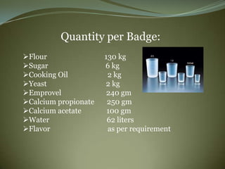 Quantity per Badge:
Flour                130 kg
Sugar                6 kg
Cooking Oil           2 kg
Yeast                2 kg
Emprovel              240 gm
Calcium propionate    250 gm
Calcium acetate       100 gm
Water                 62 liters
Flavor                as per requirement
 