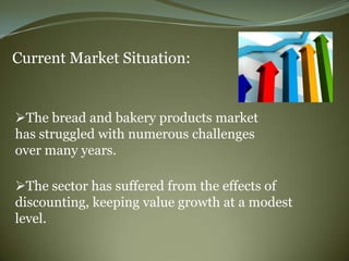 Current Market Situation:


The bread and bakery products market
has struggled with numerous challenges
over many years.

The sector has suffered from the effects of
discounting, keeping value growth at a modest
level.
 