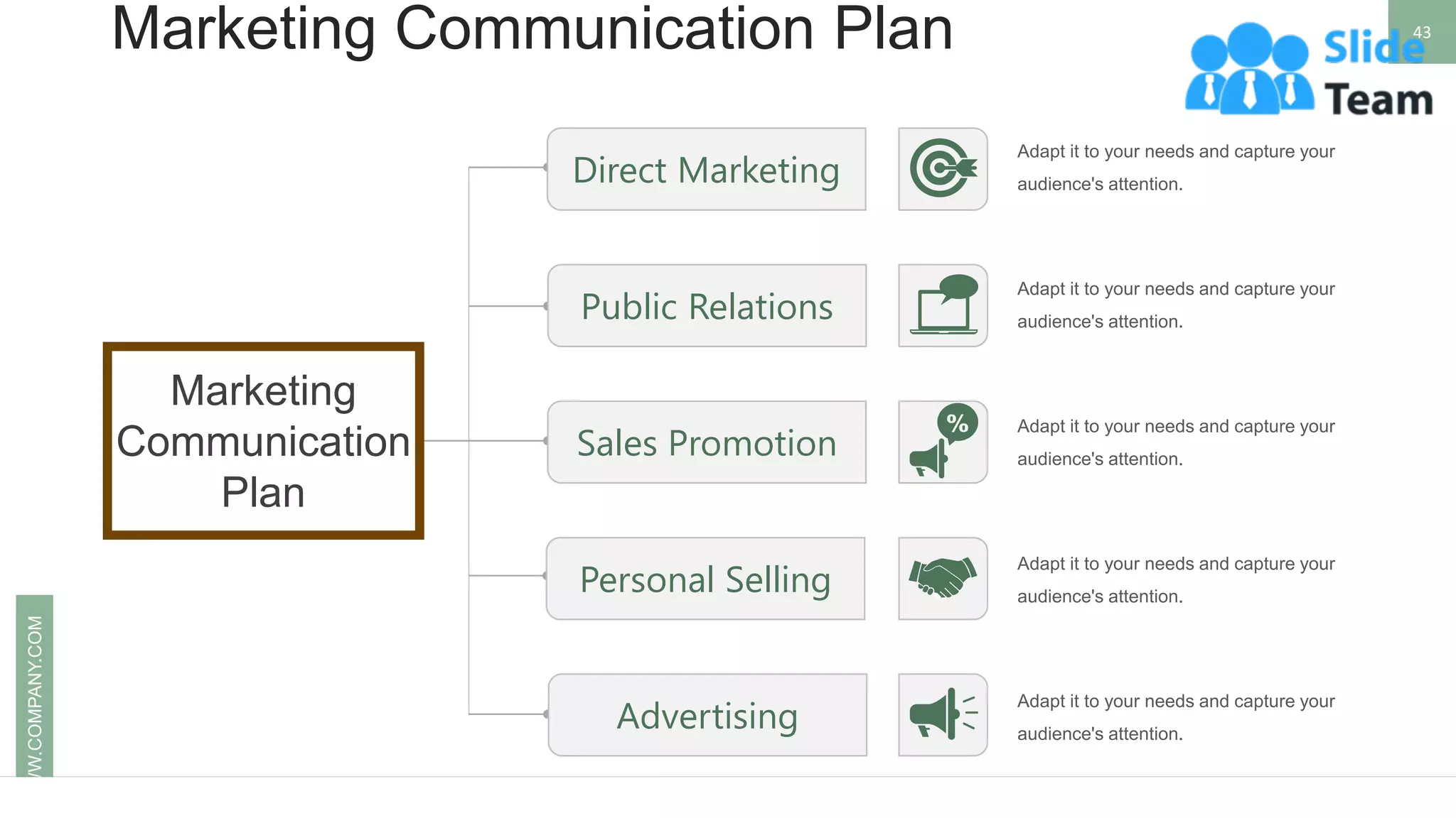 Marketing Communication Plan 43
WWW.COMPANY.COM
Adapt it to your needs and capture your
audience's attention.
Adapt it to your needs and capture your
audience's attention.
Adapt it to your needs and capture your
audience's attention.
Adapt it to your needs and capture your
audience's attention.
Adapt it to your needs and capture your
audience's attention.
Direct Marketing
Personal Selling
Advertising
Public Relations
Sales Promotion
Marketing
Communication
Plan
 