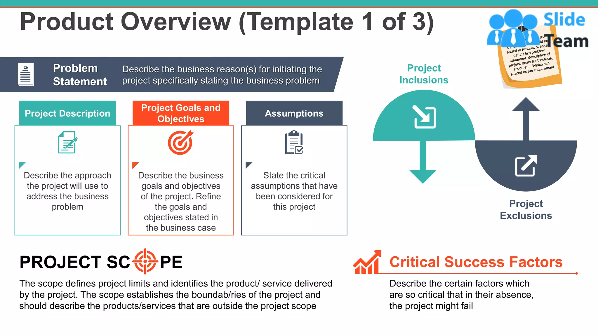 Product Overview (Template 1 of 3)
2
Describe the business reason(s) for initiating the
project specifically stating the business problem
Problem
Statement
Project Description
Describe the approach
the project will use to
address the business
problem
Project Goals and
Objectives
Describe the business
goals and objectives
of the project. Refine
the goals and
objectives stated in
the business case
Assumptions
State the critical
assumptions that have
been considered for
this project
The scope defines project limits and identifies the product/ service delivered
by the project. The scope establishes the boundab/ries of the project and
should describe the products/services that are outside the project scope
PROJECT SC PE
Project
Inclusions
Project
Exclusions
Describe the certain factors which
are so critical that in their absence,
the project might fail
Critical Success Factors
 
