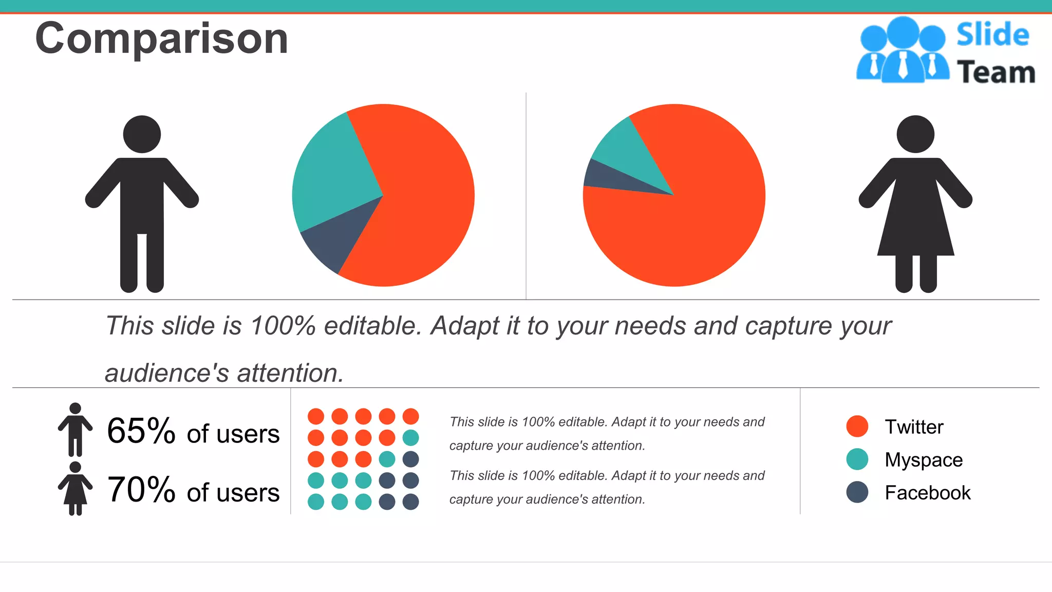 Comparison
22
70% of users
65% of users
This slide is 100% editable. Adapt it to your needs and
capture your audience's attention.
This slide is 100% editable. Adapt it to your needs and
capture your audience's attention.
Twitter
Myspace
Facebook
This slide is 100% editable. Adapt it to your needs and capture your
audience's attention.
 