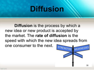 Diffusion
Diffusion is the process by which a
new idea or new product is accepted by
the market. The rate of diffusion is the
speed with which the new idea spreads from
one consumer to the next.
30
 
