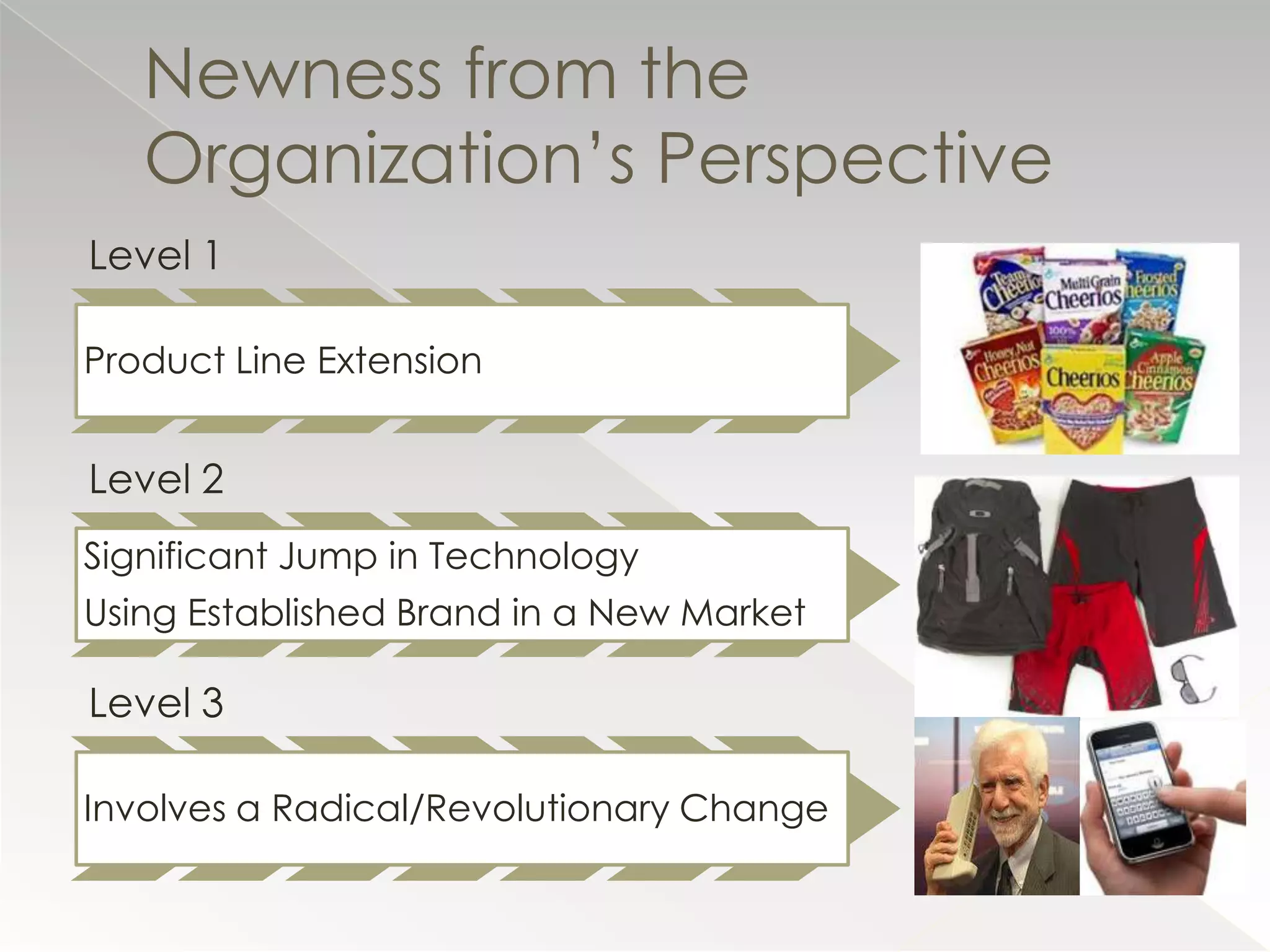 Newness from the
   Organization’s Perspective
Level 1

Product Line Extension


Level 2
Significant Jump in Technology
Using Established Brand in a New Market

Level 3

Involves a Radical/Revolutionary Change
 