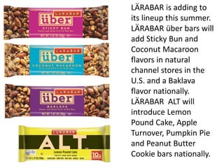 LÄRABAR is adding to
its lineup this summer.
LÄRABAR über bars will
add Sticky Bun and
Coconut Macaroon
flavors in natural...