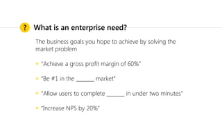 The business goals you hope to achieve by solving the
market problem
◉ “Achieve a gross profit margin of 60%”
◉ “Be #1 in the _______ market”
◉ “Allow users to complete _______ in under two minutes”
◉ “Increase NPS by 20%”
? What is an enterprise need?
 