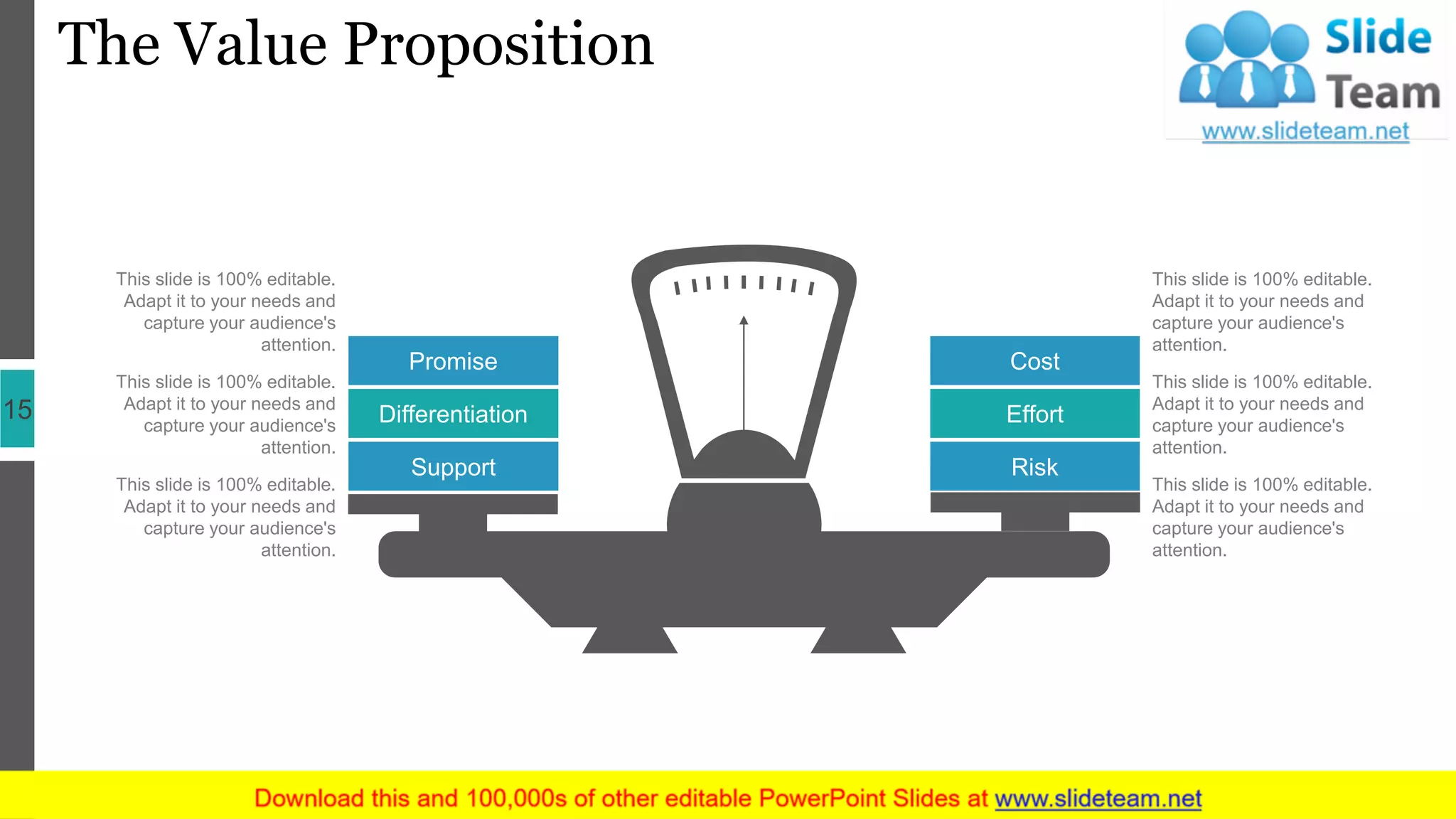 The Value Proposition
15
This slide is 100% editable.
Adapt it to your needs and
capture your audience's
attention.
This slide is 100% editable.
Adapt it to your needs and
capture your audience's
attention.
This slide is 100% editable.
Adapt it to your needs and
capture your audience's
attention.
This slide is 100% editable.
Adapt it to your needs and
capture your audience's
attention.
This slide is 100% editable.
Adapt it to your needs and
capture your audience's
attention.
This slide is 100% editable.
Adapt it to your needs and
capture your audience's
attention.
Promise
Differentiation
Support
Cost
Effort
Risk
 