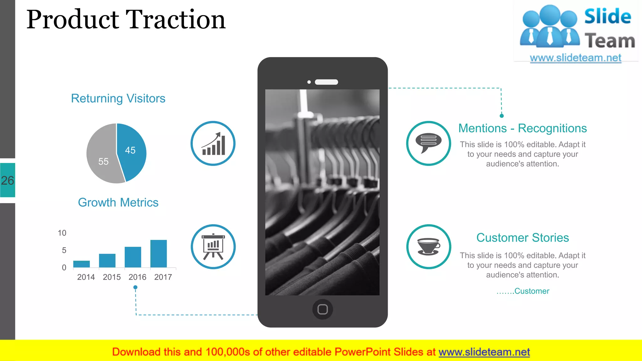 Product Traction
26
Customer Stories
…….Customer
This slide is 100% editable. Adapt it
to your needs and capture your
audience's attention.
Mentions - Recognitions
This slide is 100% editable. Adapt it
to your needs and capture your
audience's attention.
Growth Metrics
0
5
10
2014 2015 2016 2017
Returning Visitors
45
55
 