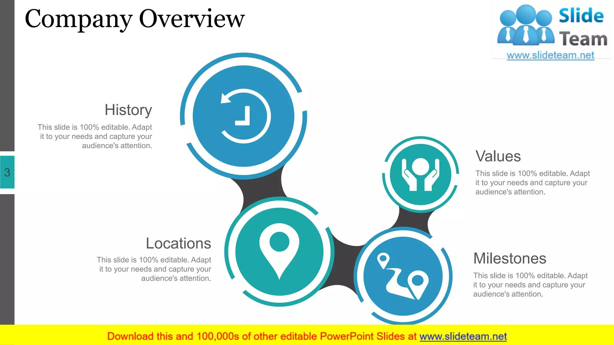 Company Overview
3 This slide is 100% editable. Adapt
it to your needs and capture your
audience's attention.
Values
This slide is 100% editable. Adapt
it to your needs and capture your
audience's attention.
MilestonesThis slide is 100% editable. Adapt
it to your needs and capture your
audience's attention.
Locations
This slide is 100% editable. Adapt
it to your needs and capture your
audience's attention.
History
 