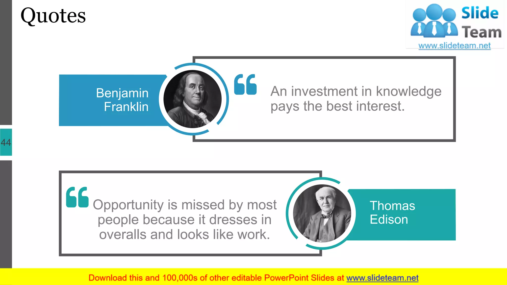 Quotes
44
Opportunity is missed by most
people because it dresses in
overalls and looks like work.
Thomas
Edison
An investment in knowledge
pays the best interest.
Benjamin
Franklin
 