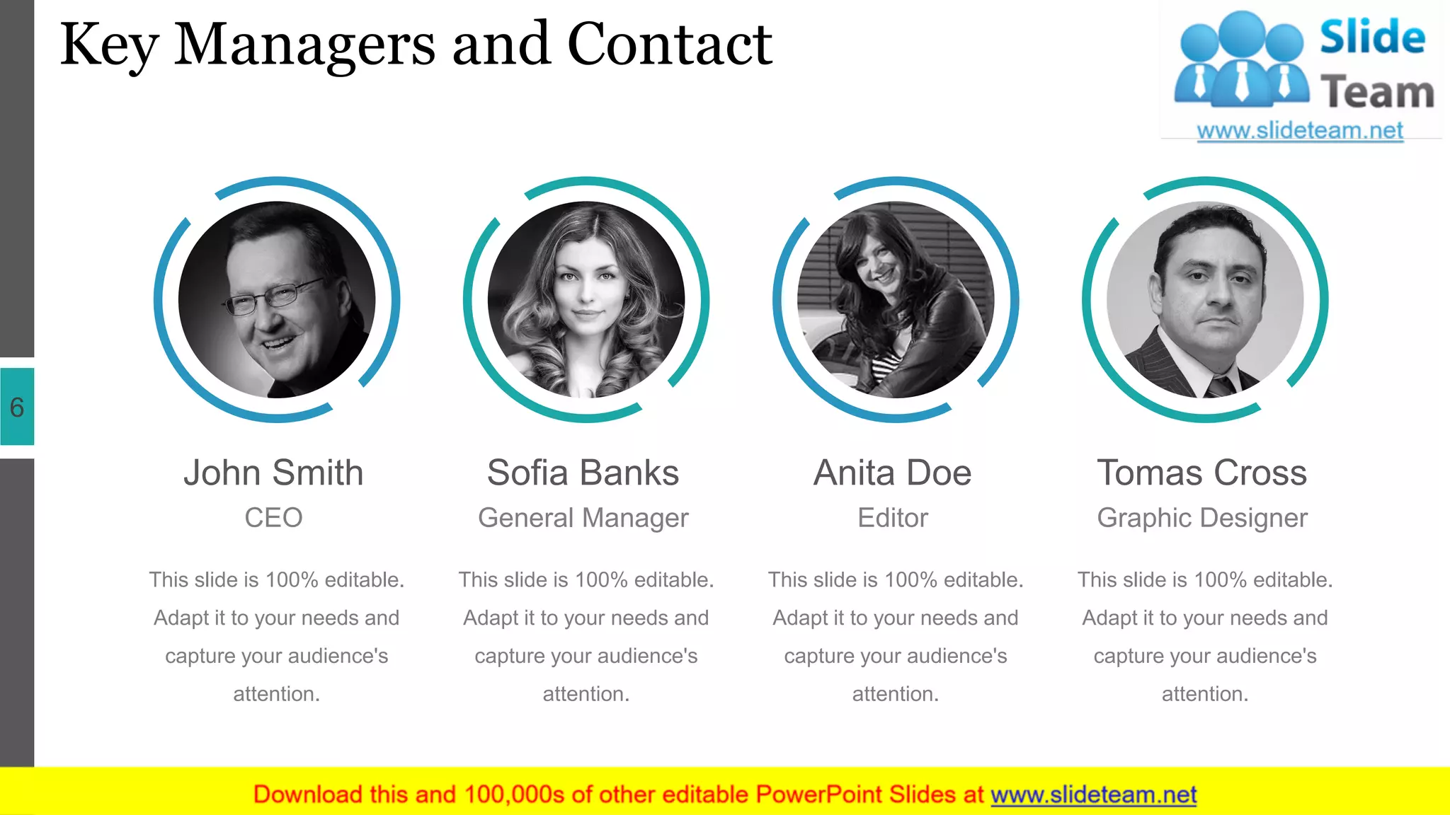Key Managers and Contact
6
John Smith
CEO
This slide is 100% editable.
Adapt it to your needs and
capture your audience's
attention.
Sofia Banks
General Manager
This slide is 100% editable.
Adapt it to your needs and
capture your audience's
attention.
Anita Doe
Editor
This slide is 100% editable.
Adapt it to your needs and
capture your audience's
attention.
Tomas Cross
Graphic Designer
This slide is 100% editable.
Adapt it to your needs and
capture your audience's
attention.
 