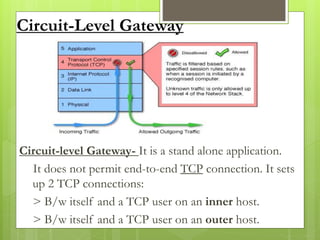 Circuit-Level Gateway
Circuit-level Gateway- It is a stand alone application.
It does not permit end-to-end TCP connection. It sets
up 2 TCP connections:
> B/w itself and a TCP user on an inner host.
> B/w itself and a TCP user on an outer host.
 