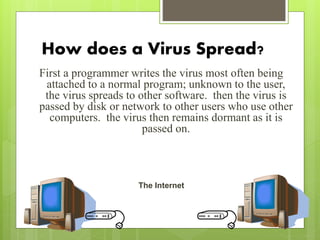 How does a Virus Spread?
First a programmer writes the virus most often being
attached to a normal program; unknown to the user,
the virus spreads to other software. then the virus is
passed by disk or network to other users who use other
computers. the virus then remains dormant as it is
passed on.
The Internet
 
