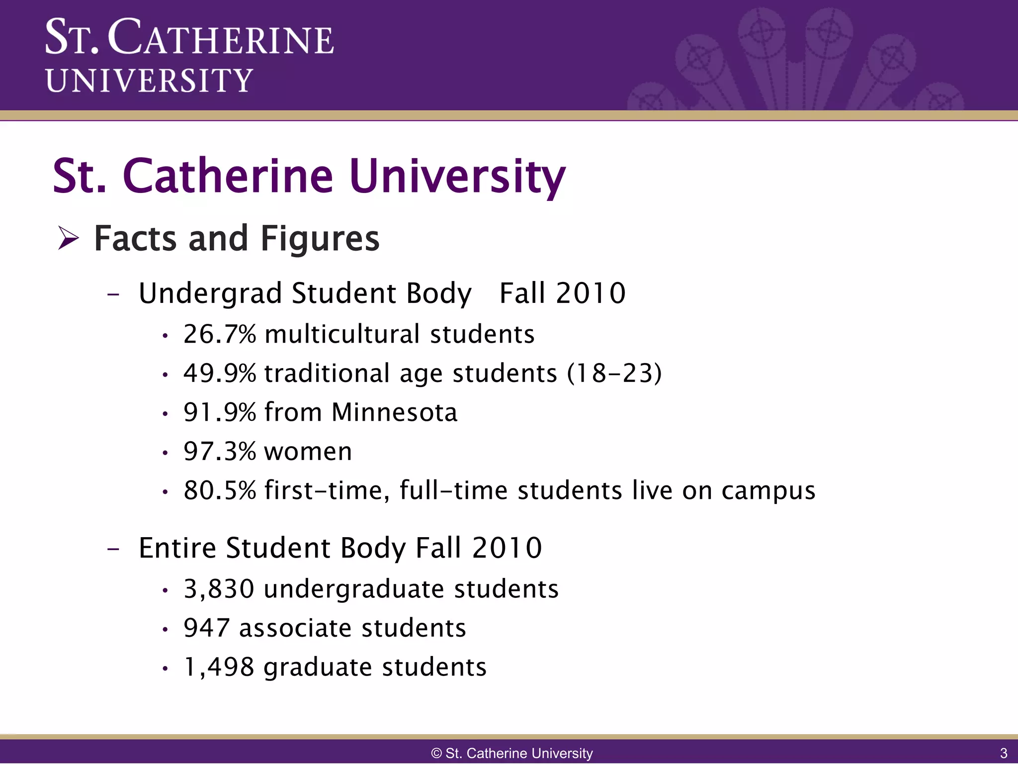 St. Catherine University
 Facts and Figures
  – Undergrad Student Body Fall 2010
     • 26.7% multicultural students
     • 49.9% traditional age students (18-23)
     • 91.9% from Minnesota
     • 97.3% women
     • 80.5% first-time, full-time students live on campus

  – Entire Student Body Fall 2010
     • 3,830 undergraduate students
     • 947 associate students
     • 1,498 graduate students


                           © St. Catherine University        3
 