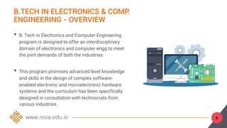 8
B.TECH IN ELECTRONICS & COMP.
ENGINEERING - OVERVIEW
• B. Tech in Electronics and Computer Engineering
program is designed to offer an interdisciplinary
domain of electronics and computer engg to meet
the joint demands of both the industries
• This program promises advanced level knowledge
and skills in the design of complex software-
enabled electronic and microelectronic hardware
systems and the curriculum has been specifically
designed in consultation with technocrats from
various industries.
 