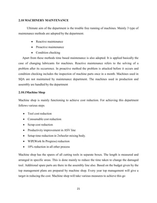 2.10 MACHINERY MAINTENANCE

      Ultimate aim of the department is the trouble free running of machines. Mainly 3 type of
maintenance methods are adopted by the department.

              Reactive maintenance
              Proactive maintenance
              Condition checking
   Apart from these methods time based maintenance is also adopted. It is applied basically the
case of changing lubricants for machines. Reactive maintenance refers to the solving of a
problem after its occurrence. In proactive method the problem is attacked before it occurs and
condition checking includes the inspection of machine parts once in a month. Machines used in
SQA are not maintained by maintenance department. The machines used in production and
assembly are handled by the department

2.10.1Machine Shop

Machine shop is mainly functioning to achieve cost reduction. For achieving this department
follows various steps

       Tool cost reduction
       Consumable cost reduction
       Scrap cost reduction
       Productivity improvement in ASV line
       Setup time reduction in 2wheeler mixing body.
       WIP(Work In Progress) reduction
       10% reduction in all other process

Machine shop has the spares of all cutting tools in separate boxes. The length is measured and
arranged in specific areas. This is done mainly to reduce the time taken to change the damaged
tool. Additional spare parts are there in the assembly line also. Based on the budget given by the
top management plans are prepared by machine shop. Every year top management will give a
target in reducing the cost. Machine shop will take various measures to achieve this go



                                               21
 