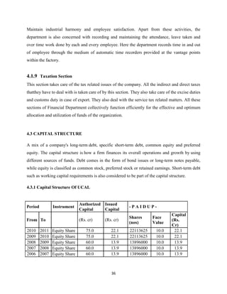 Maintain industrial harmony and employee satisfaction. Apart from these activities, the
department is also concerned with recording and maintaining the attendance, leave taken and
over time work done by each and every employee. Here the department records time in and out
of employee through the medium of automatic time recorders provided at the vantage points
within the factory.


4.1.9 Taxation Section
This section takes care of the tax related issues of the company. All the indirect and direct taxes
thatthey have to deal with is taken care of by this section. They also take care of the excise duties
and customs duty in case of export. They also deal with the service tax related matters. All these
sections of Financial Department collectively function efficiently for the effective and optimum
allocation and utilization of funds of the organization.



4.3 CAPITAL STRUCTURE

A mix of a company's long-term debt, specific short-term debt, common equity and preferred
equity. The capital structure is how a firm finances its overall operations and growth by using
different sources of funds. Debt comes in the form of bond issues or long-term notes payable,
while equity is classified as common stock, preferred stock or retained earnings. Short-term debt
such as working capital requirements is also considered to be part of the capital structure.

4.3.1 Capital Structure Of UCAL


                               Authorized    Issued
Period          Instrument                                 -PAIDUP-
                               Capital       Capital
                                                                                    Capital
                                                           Shares        Face
From To                        (Rs. cr)      (Rs. cr)                               (Rs.
                                                           (nos)         Value
                                                                                    Cr)
2010     2011   Equity Share       75.0          22.1      22113625        10.0      22.1
2009     2010   Equity Share       75.0          22.1      22113625        10.0      22.1
2008     2009   Equity Share       60.0          13.9      13896000        10.0      13.9
2007     2008   Equity Share       60.0          13.9      13896000        10.0      13.9
2006     2007   Equity Share       60.0          13.9      13896000        10.0      13.9



                                                 36
 