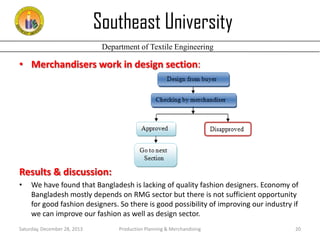 Southeast University
Department of Textile Engineering

• Merchandisers work in design section:

Results & discussion:
•

We have found that Bangladesh is lacking of quality fashion designers. Economy of
Bangladesh mostly depends on RMG sector but there is not sufficient opportunity
for good fashion designers. So there is good possibility of improving our industry if
we can improve our fashion as well as design sector.

Saturday, December 28, 2013

Production Planning & Merchandising

20

 