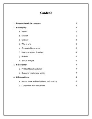 Content


1. Introduction of the company                      1

2. C-Company                                        2

     a. Vision                                      2

     b. Mission                                     2

     c. Strategy                                    2

     d. Who is who                                  3

     e. Corporate Governance                        3

     f. Headquarter and Branches                    4

     g. Product                                     5

     h. SWOT analysis                               6

3. C-Customer                                       7

     a. Profile of target customer                  7

     b. Customer relationship activity              7

4. C-Competitors                                    8

     a. Market share and the business performance   8

     b. Comparison with competitors                 8
 