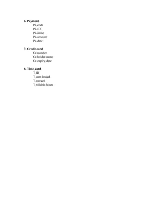 6. Payment
Pa-code
Pa-ID
Pa-name
Pa-amount
Pa-date
7. Credit-card
Cr-number
Cr-holder-name
Cr-expiry-date
8. Time-card
T-ID
T-date-issued
T-worked
T-billable-hours
 