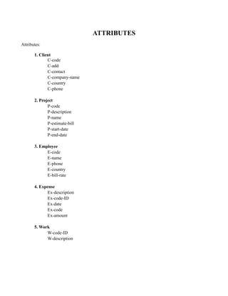 ATTRIBUTES
Attributes:

       1. Client
              C-code
              C-add
              C-contact
              C-company-name
              C-country
              C-phone

       2. Project
              P-code
              P-description
              P-name
              P-estimate-bill
              P-start-date
              P-end-date

       3. Employee
             E-code
             E-name
             E-phone
             E-country
             E-bill-rate

       4. Expense
              Ex-description
              Ex-code-ID
              Ex-date
              Ex-code
              Ex-amount

       5. Work
             W-code-ID
             W-description
 