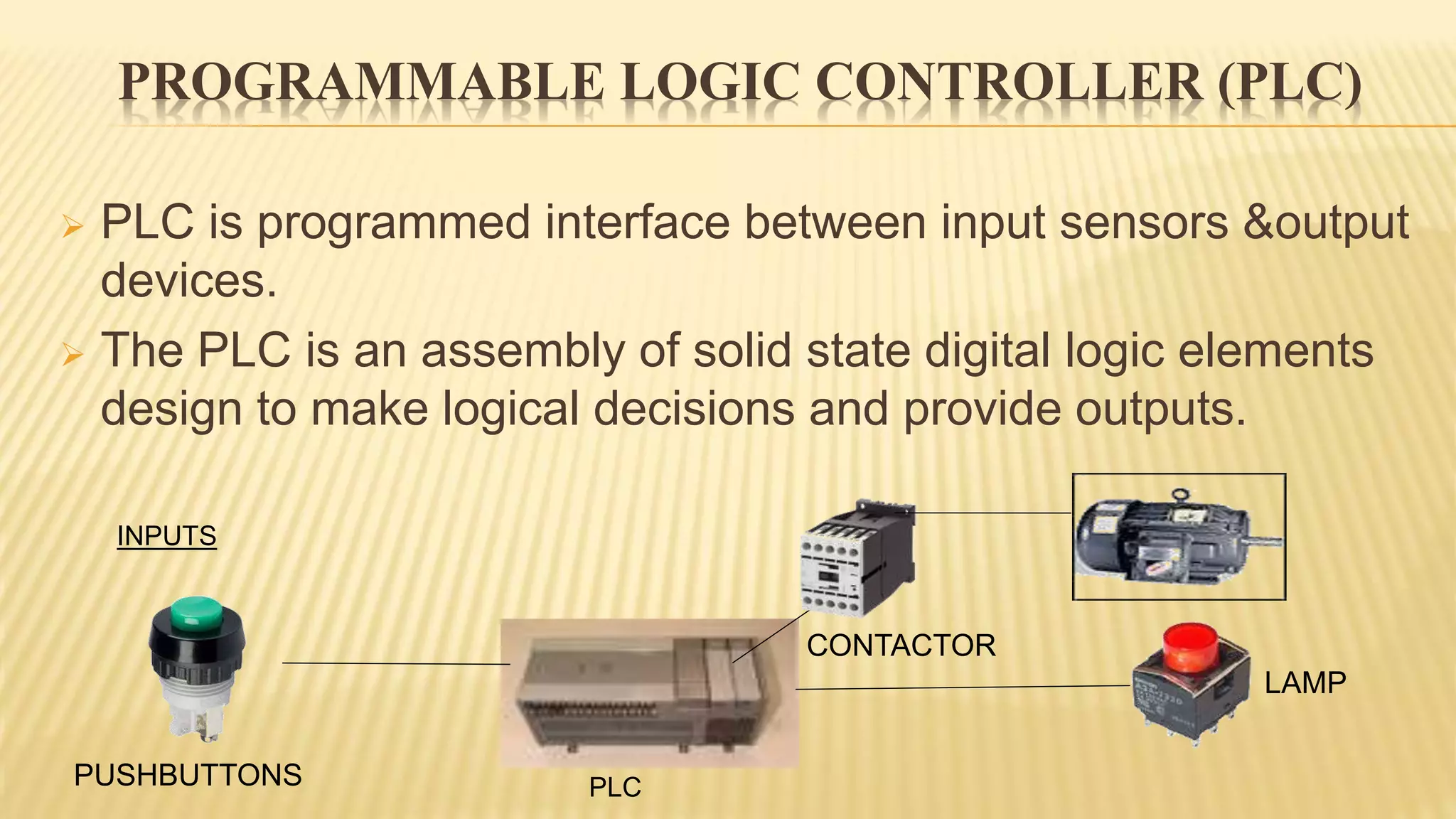 PROGRAMMABLE LOGIC CONTROLLER (PLC)
 PLC is programmed interface between input sensors &output
devices.
 The PLC is an assembly of solid state digital logic elements
design to make logical decisions and provide outputs.
PLC
INPUTS
LAMP
CONTACTOR
PUSHBUTTONS
 