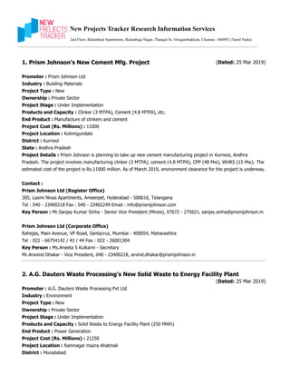 (Dated: 25 Mar 2019)
(Dated: 25 Mar 2019)
New Projects Tracker Research Information Services
2nd Floor, Balambaal Apartments, Balambiga Nagar, Thangal St, Virugambakkam, Chennai - 600092 (Tamil Nadu)
1. Prism Johnson's New Cement Mfg. Project
Promoter : Prism Johnson Ltd
Industry : Building Materials
Project Type : New
Ownership : Private Sector
Project Stage : Under Implementation
Products and Capacity : Clinker (3 MTPA), Cement (4.8 MTPA), etc.
End Product : Manufacture of clinkers and cement
Project Cost (Rs. Millions) : 11000
Project Location : Kolimigundala
District : Kurnool
State : Andhra Pradesh
Project Details : Prism Johnson is planning to take up new cement manufacturing project in Kurnool, Andhra
Pradesh. The project involves manufacturing clinker (3 MTPA), cement (4.8 MTPA), CPP (48 Mw), WHRS (15 Mw). The
estimated cost of the project is Rs.11000 million. As of March 2019, environment clearance for the project is underway.
Contact :
Prism Johnson Ltd (Register Office)
305, Laxmi Nivas Apartments, Ameerpet, Hyderabad - 500016, Telangana
Tel : 040 - 23400218 Fax : 040 - 23402249 Email : info@prismjohnson.com
Key Person : Mr.Sanjay Kumar Sinha - Senior Vice President (Mines), 07672 - 275621, sanjay.sinha@prismjohnson.in
Prism Johnson Ltd (Corporate Office)
Rahejas, Main Avenue, VP Road, Santacruz, Mumbai - 400054, Maharashtra
Tel : 022 - 66754142 / 43 / 44 Fax : 022 - 26001304
Key Person : Ms.Aneeta S Kulkarni - Secretary
Mr.Aravind Dhakar - Vice President, 040 - 23400218, arvind.dhakar@prismjohnson.in
2. A.G. Dauters Waste Processing's New Solid Waste to Energy Facility Plant
Promoter : A.G. Dauters Waste Processing Pvt Ltd
Industry : Environment
Project Type : New
Ownership : Private Sector
Project Stage : Under Implementation
Products and Capacity : Solid Waste to Energy Facility Plant (250 MWh)
End Product : Power Generation
Project Cost (Rs. Millions) : 21250
Project Location : Ramnagar mazra Ahatmali
District : Moradabad
 